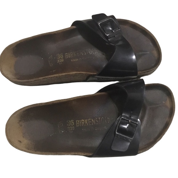 Birkenstock Shoes - Birkenstock Madrid Black Patent Leather Slip On Sandals EU36